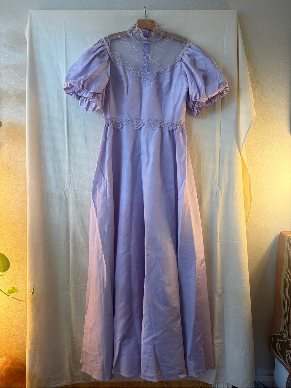 True Vintage Lavender Puff-Sleeve Maxi Dress with Lace Yoke